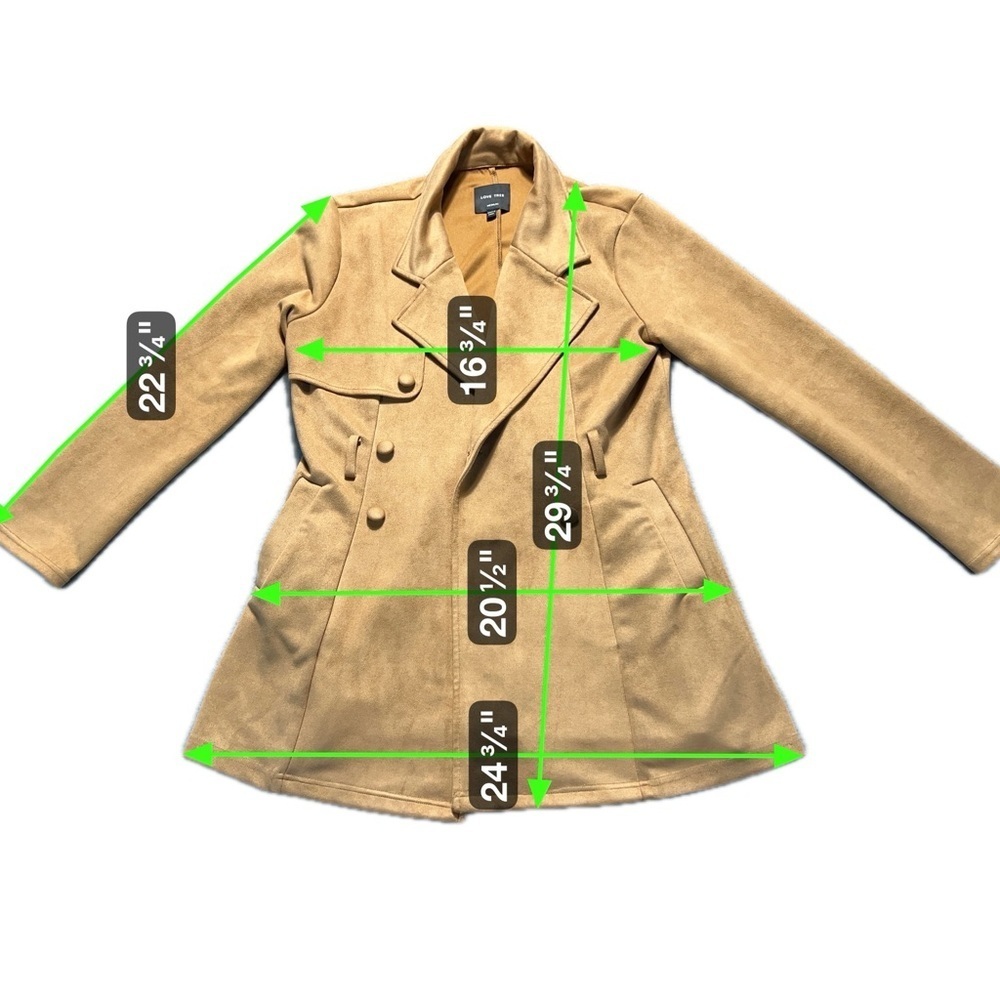 Love Tree Women’s Camel Faux Suede Trench Coat Size Medium No Belt - Picture 5 of 7